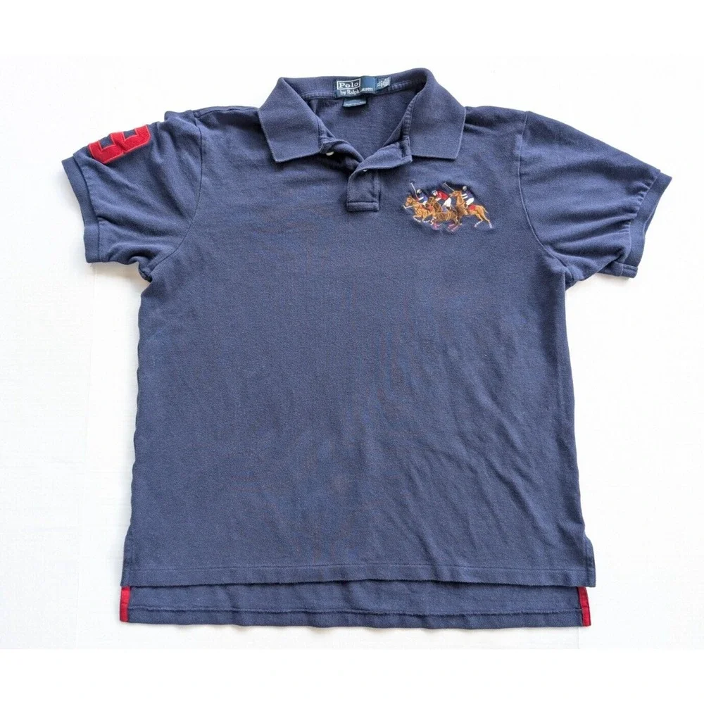 Ralph‎ Lauren Polo Mens XL Custom Fit Triple Pony Navy Blue Short Sleeve